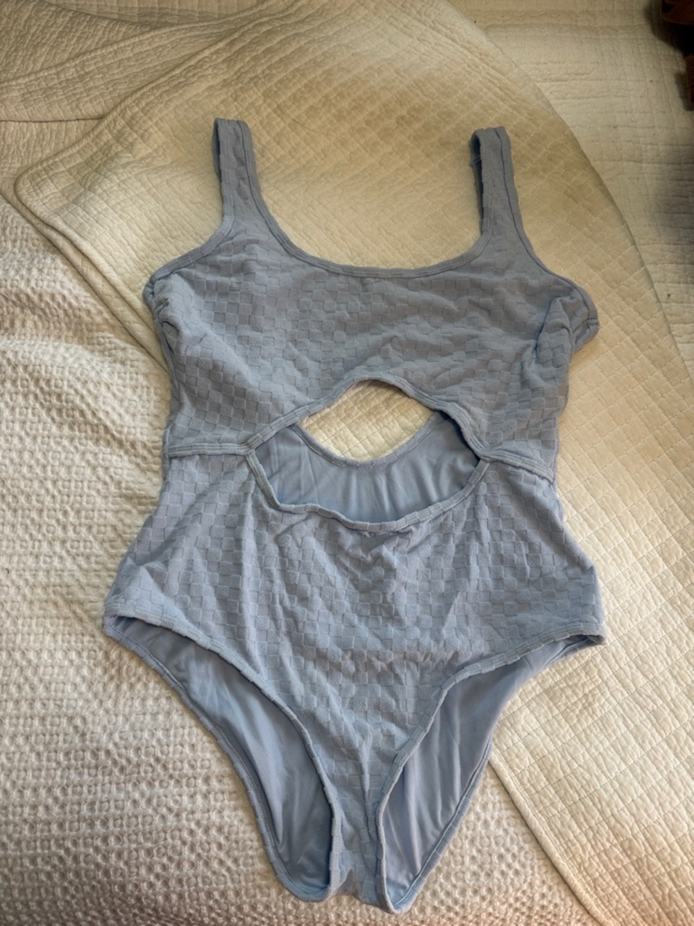 Light Blue Textured Checkers Cutout One-Piece Swimsuit